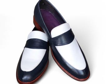 Handmade Men's Navy Blue & White Loafers – Leather Slip-On Shoes, Classic Penny Loafers, Dress And Formal Footwear.