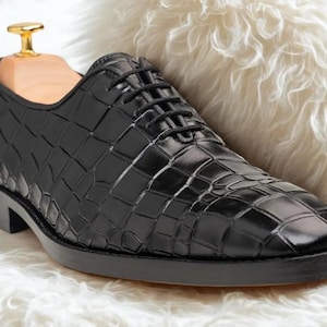 Handmade Black Leather Oxford Shoes – Designer Whole Cut Lace-Up Shoes, Blue Alligator Print Shoes, Gift for Him, Wedding & Christmas Gift
