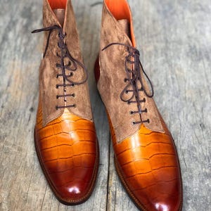 Handmade Men boots Custom-fit boots Made-to-order boots Bespoke Tan Crocodile Print Leather Suede Boot, Ankle Derby Lace Up Dress Boots