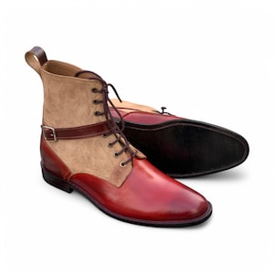 Handmade Men&#39;s Two-Tone Red & Tan Lace-Up Boots – Suede And Leather Ankle Boots with Buckle Strap, Custom  Footwear.