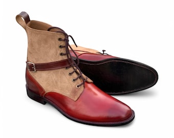 Handmade Men's Two-Tone Red & Tan Lace-Up Boots – Suede And Leather Ankle Boots with Buckle Strap, Custom  Footwear.