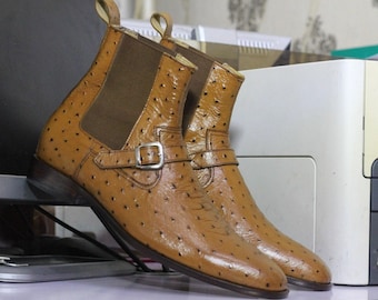 Handmade Tan Ostrich Skin Texture Leather Chelsea Boot, Men's Monk Strap Leather Ankle High Boot