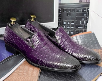 Ręcznie robione buty z aligatora, mokasyny z teksturą skóry aligatora, czarne, z okrągłym noskiem, formalne, wsuwane mokasyny męskie