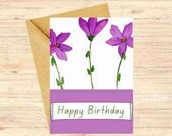 Flowers Birthday Card, Floral Card, Botanical Happy Birthday, Purple Flower Birthday Card, Flower Greeting Card, Floral Stationery