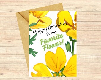 Yellow Flowers Birthday Card, Floral Card, Botanical Happy Birthday, Flowering Birthday Card, Bright Flower Greeting Card, Floral Stationery