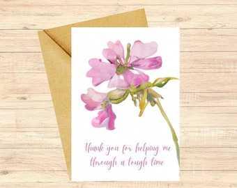 Thank YouCard, Watercolor Greeting Card, Floral Thanks Card,  Thank you for a friend, Card for her, pretty pink thanks, Gratitude Card