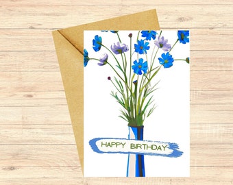 Floral Birthday Card, Watercolor Botanical Card, Happy Birthday Greeting, Blue Flowers Card,  Floral Birthday For Friend, Flowers Stationery