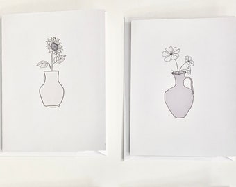 Flower Greeting Card Black and White Any Occasion Folded Card Set Choose White Ivory or Kraft Paper