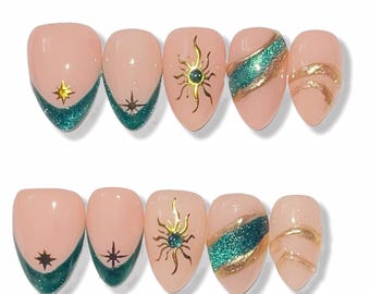 Short Almond Press On Nails: Celestial Sun Starburst Gold Chrome Mystical Manicure
