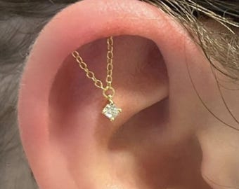 18K Gold Plated Sterling Silver Dangle Chain Diamante Helix Labret Earring 18G