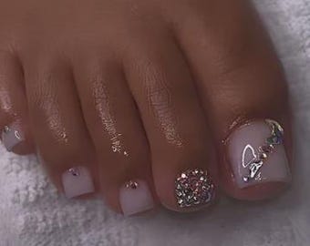 Milky White Bling Press on Toe Nails, with Rhinestones, Sturdy False Fake Press on Toe Nails, Reusable