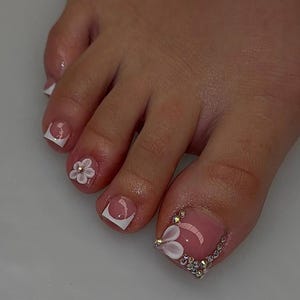 Floral White French Tip Press on Toe Nails, Sturdy False Fake Press on Toe Nails, Reusable