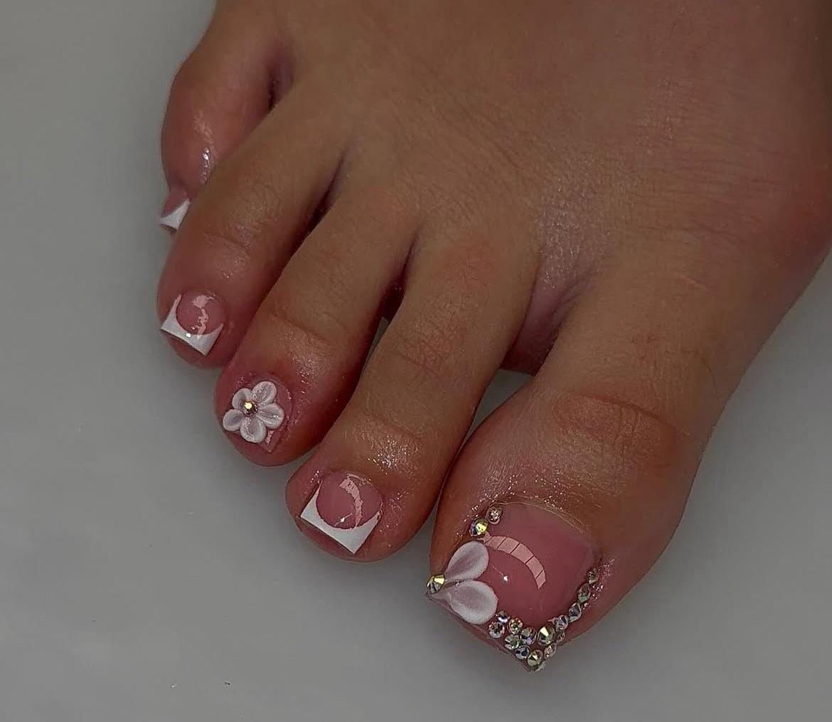 French Toe Nail Designs with Floral Elegance