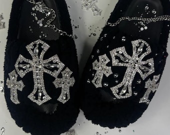 Black Yarn Slides with Silver Bling Cross | Handmade Cozy Slippers | Trendy Fuzzy Slides for Women | Faith Fashion Sandals | Gift for Her