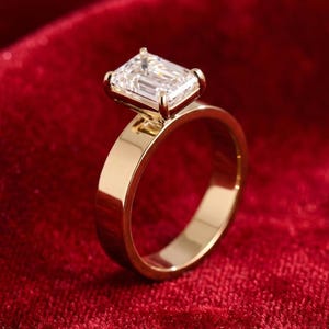 Emerald Cut Ring, Moissanite Ring, Solitaire Ring, Emerald Cut Wedding, Emerald Cut, Flat Band Ring, Bridal Jewelry, Promise Ring for Her,