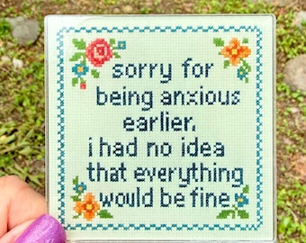Funny Anxiety Magnet | Funny Anxiety Gift | Cross Stitch Style Fridge Magnet | Mental Health Humor
