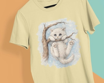 Soft Butter Yellow Graphic Tee Vintage Cat Illustration Shirt