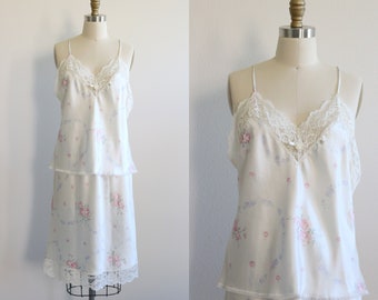 Christian Dior Camisole and Half Slip Lingerie Set White with Floral Print