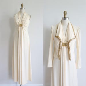 1970s White Maxi Dress Shawl Set Formal Wedding Guest– Floor Length Polyester Small