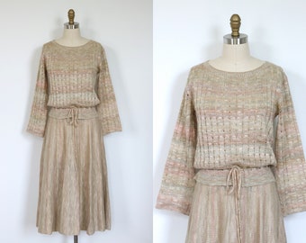 St John Knit Dress Ribbed Skirt & Top 2 Piece Set 1970s Space Dyed