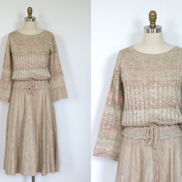 St John Knit Dress Ribbed Skirt & Top 2 Piece Set 1970s Space Dyed