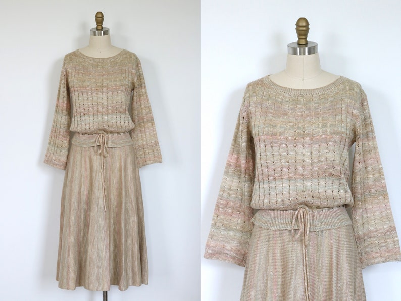 St John Knit Dress Ribbed Skirt & Top 2 Piece Set 1970s Space Dyed image 1