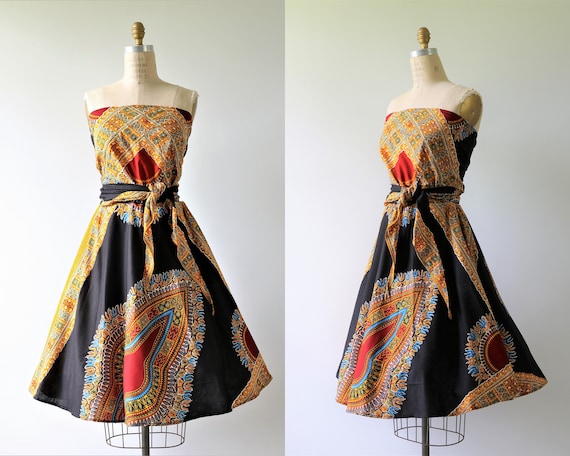 Vintage 1950s Tribal Hawaiian Bali Wrap Dress Cott