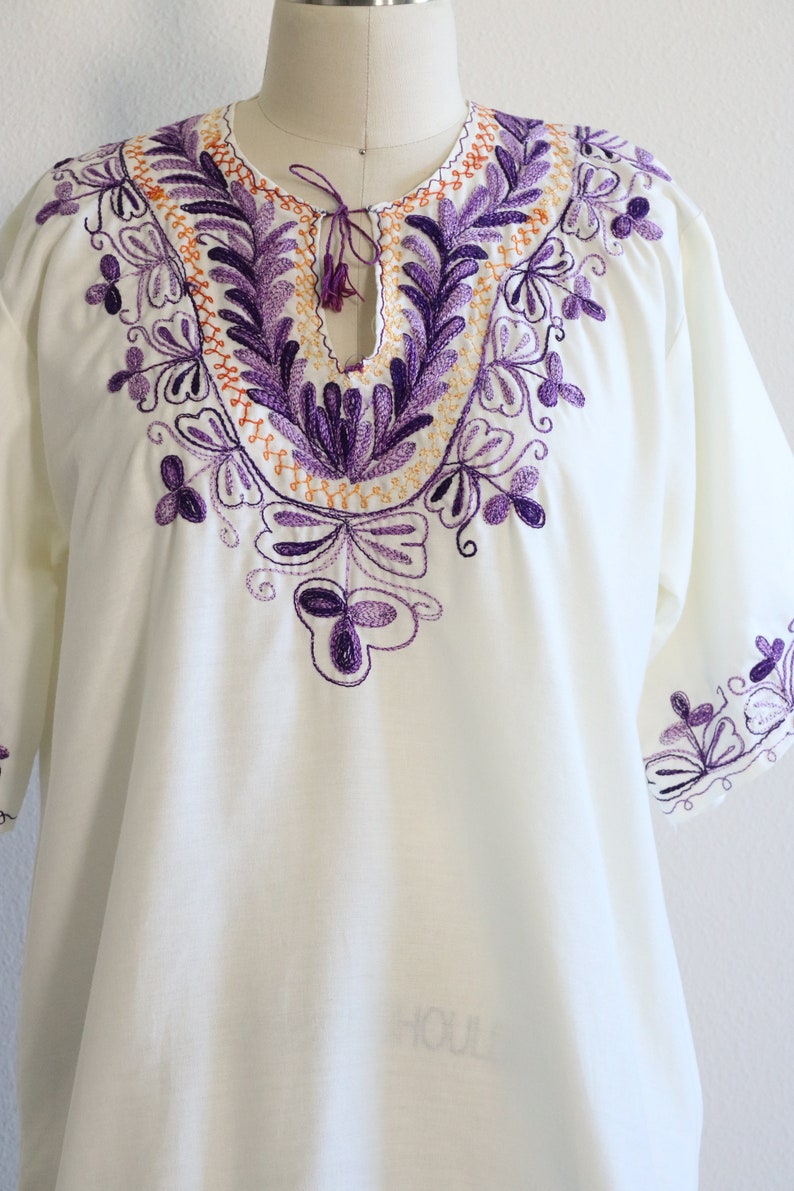 Vintage Peasant Blouse Purple Embroidered Cotton Hungarian Short Sleeve image 6