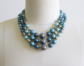 Blue Iridescent Multi Strand Necklace Vintage 1950s Multi Strand Necklace Three Strands