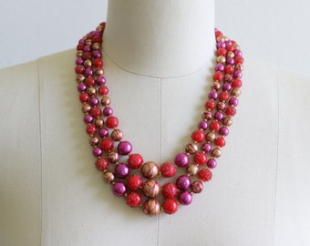 Hot Pink Red and Gold Multi Strand Necklace Vintage 1950s Multi Strand Necklace