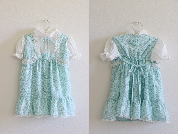 Vintage Baby Toddler Dress Blue Prairie Dress 197… - image 1