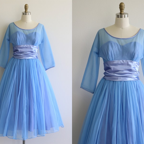1950s Dress Blue Lavender Prom Cup Cake Dress Full Skirt Formal Event Wedding Three Quarter Sleeves