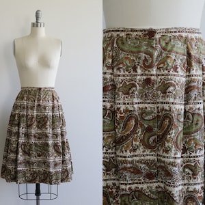 Vintage 1950s Cotton Skirt Abstract Print Green and Brown Size Small S