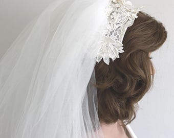 Vintage Delicate White Intricate Detailing Wedding Veil/ Head Piece Vintage Baroque Lace Bridal Veil, Sequins Peony Flower  main image 4