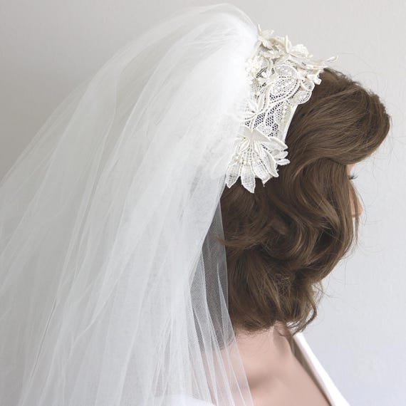 Vintage Wedding Bridal Veil Headpiece: Cathedral Length Face Veil Lace Tulle