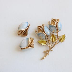 Vintage Jewelry Blue Enamel Flower Pin and Clip On Clip Back Earrings Large Metal Painted Enamel Brooch