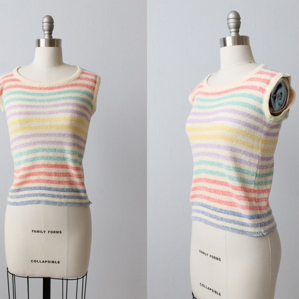 Vintage 1970s Pastel Striped Knit Sweater Top / Short Sleeve Knit Sweater