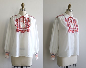 Vintage Peasant Blouse Embroidered Smocked Cotton Hungarian Long Sleeve