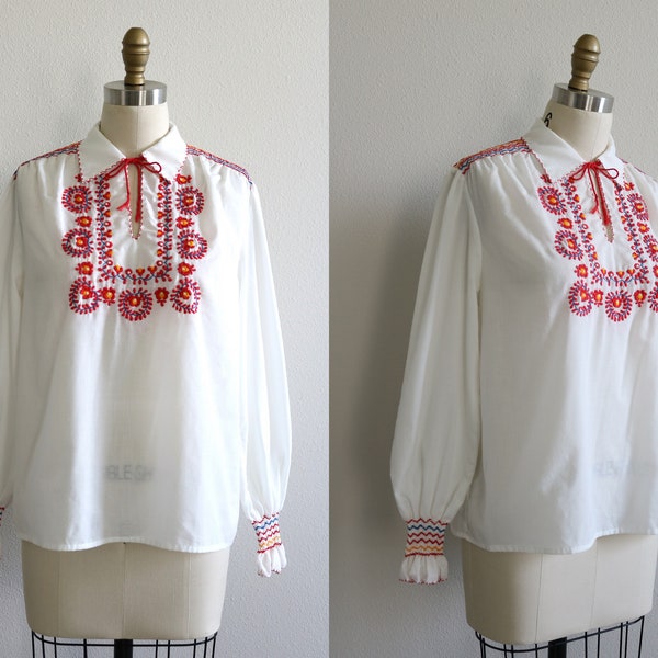 Vintage Peasant Blouse Embroidered Smocked Cotton Hungarian Long Sleeve