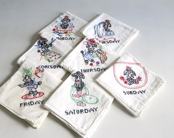 Vintage Days of the Week Embroidered Tea Towel Dish Towels Hand Towels Cotton Set of 7 Instant Collection Kitchen Large Size