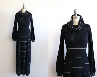 Wenjilli Dress Designer Lurex Knit Maxi Evening Sweater Dress 1970s Dress Black and Silver Bodycon Dress Long Sleeves