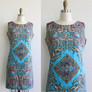 1960s Mod Dress Cotton Sheath Shift Sleeveless Dress Size Small S Aqua Blue