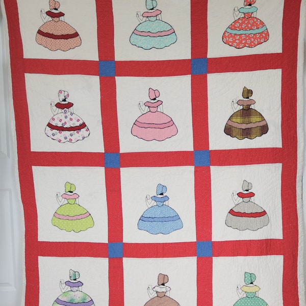 Vintage Quilt Sunbonnet Sue Pattern Hand Stitched Quilt Bedspread Throw Little Girl Bedroom Decor Shabby Chic Cotton