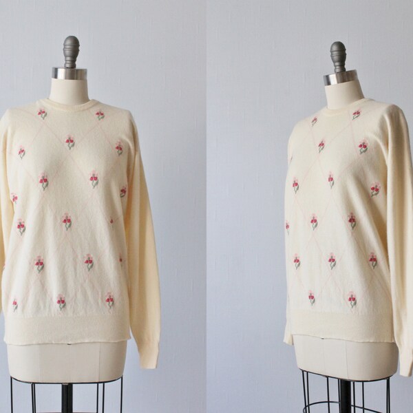 1950s Sweater / Cashmere Sweater / Pullover Sweater / Cream and Pink Argyle