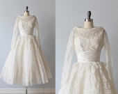 1950s Wedding Dress / 50s Tea Length Wedding Dress / Lace and Tulle / Long Sleeves / Fern