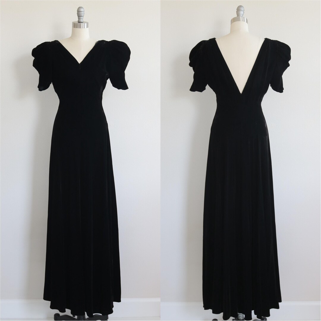 1930s Dress Black Velvet Formal Event Party Dress Floor Length Short ...