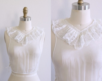Edwardian Antique Net Chemisette Top Jabot Collar Ruffled Netted White