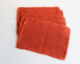 Red Orange Placemats 1970s Kitchen Woven Cloth Fringe Rectangle Set of 4