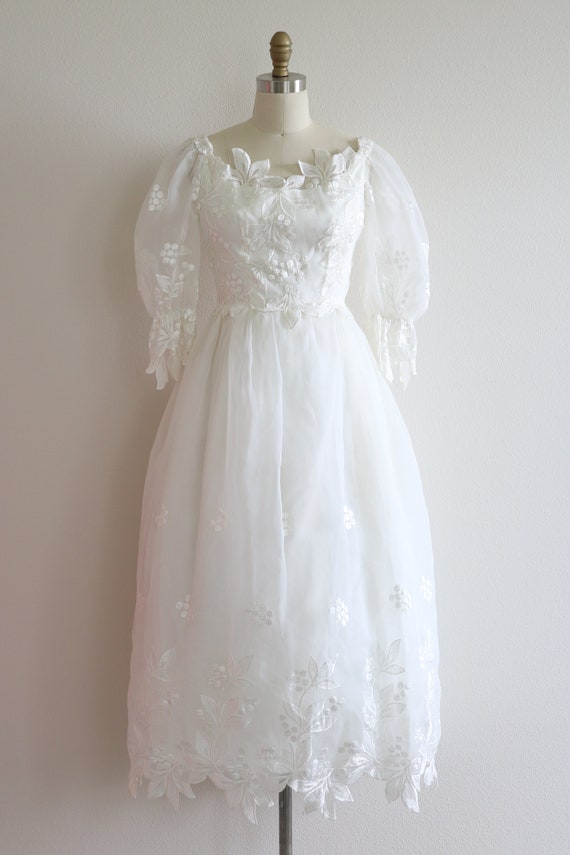 1980s Wedding Dress Tea Ballerina Length Puffy Sl… - image 2