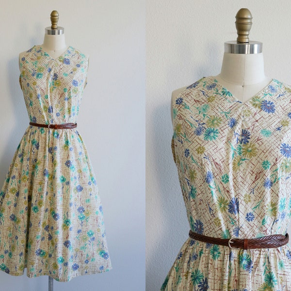 1950s Dress Cotton Sleeveless Sundress Flower Print Dress Size Small S